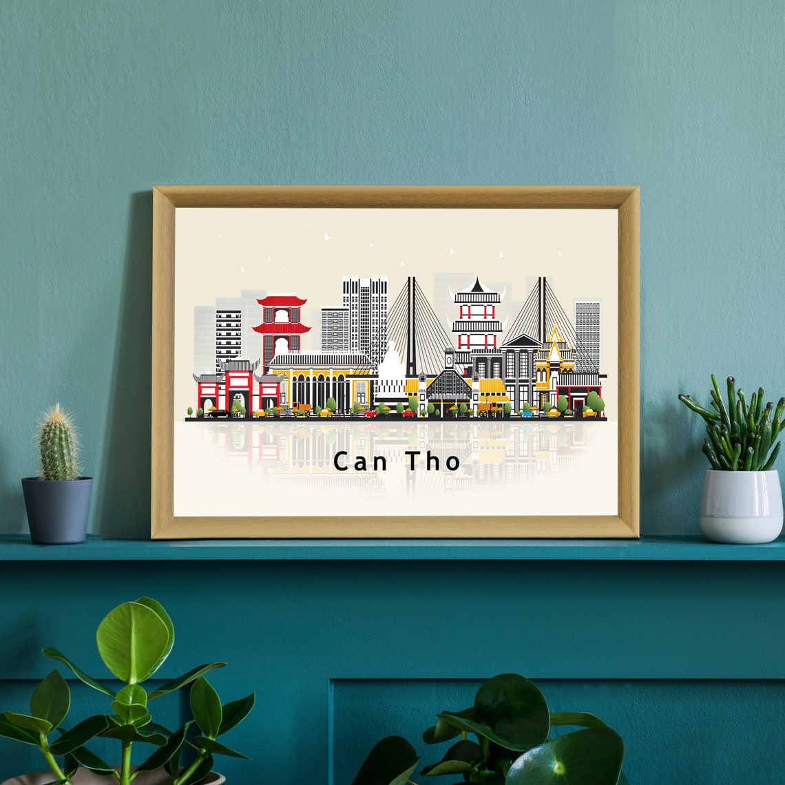 Can Tho Vietnam Cable Bridge Pagoda Skyline Illustration Travel Poster - Image 3