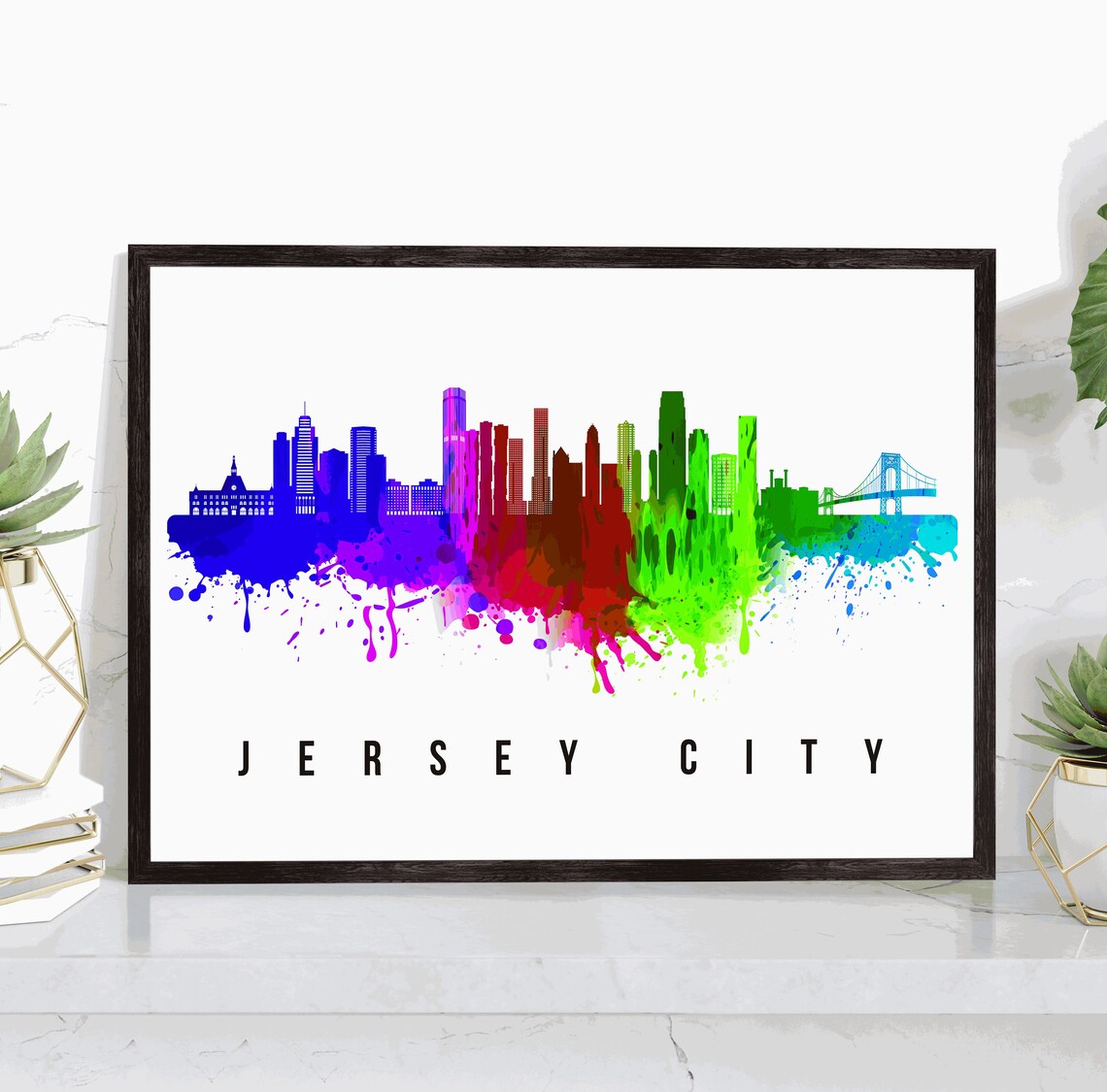 Jersey City New Jersey Rainbow Watercolor Skyline Travel Poster