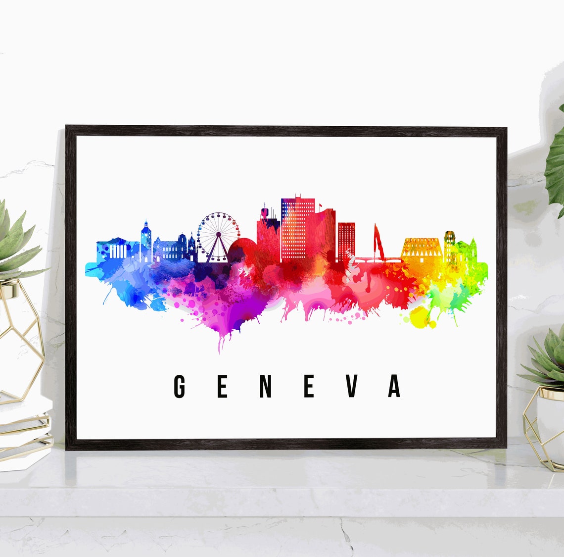 Geneva Switzerland Rainbow Watercolor Skyline Modern Art Wall Poster