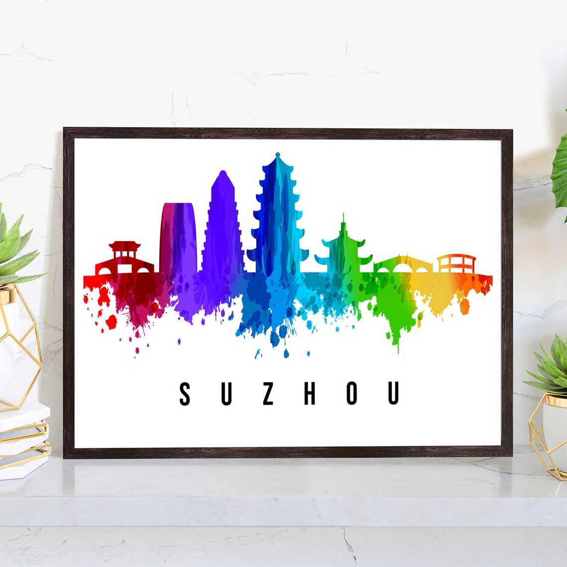 Suzhou China Pagoda Bridge Rainbow Watercolor Skyline Travel Poster