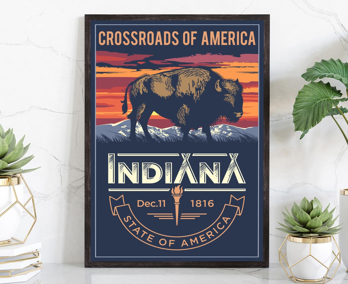 Indiana Crossroads Of America Retro Bison Sunset State Emblem Poster