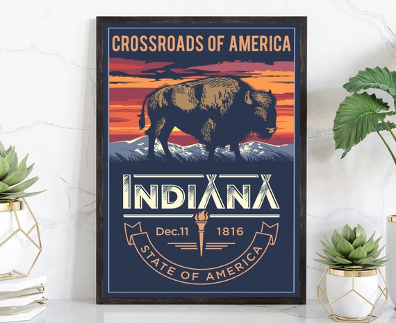 United States Indiana State Poster Indiana Poster Print Indiana State Emblem Poster Retro Travel State Poster Home Office Wall Art