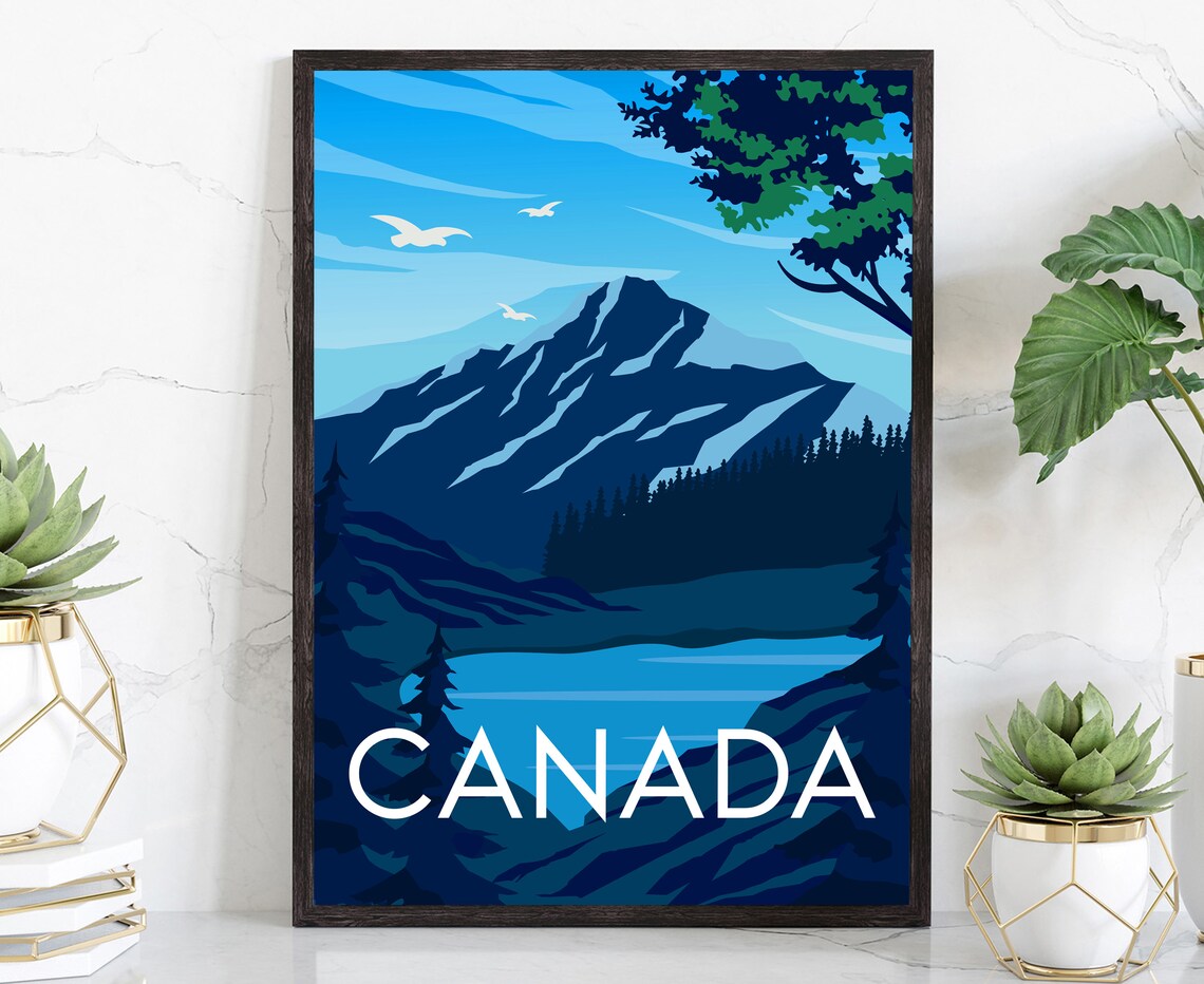 Canada Rocky Mountains Blue Lake Vintage Style Travel Poster