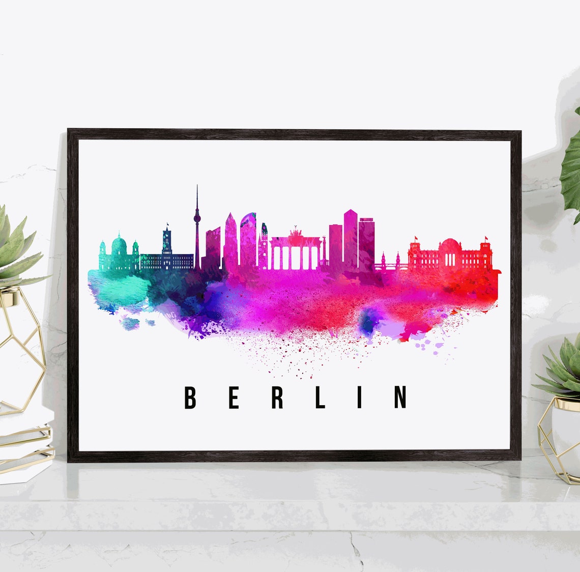 Berlin Germany Rainbow Watercolor Skyline Silhouette Art Poster