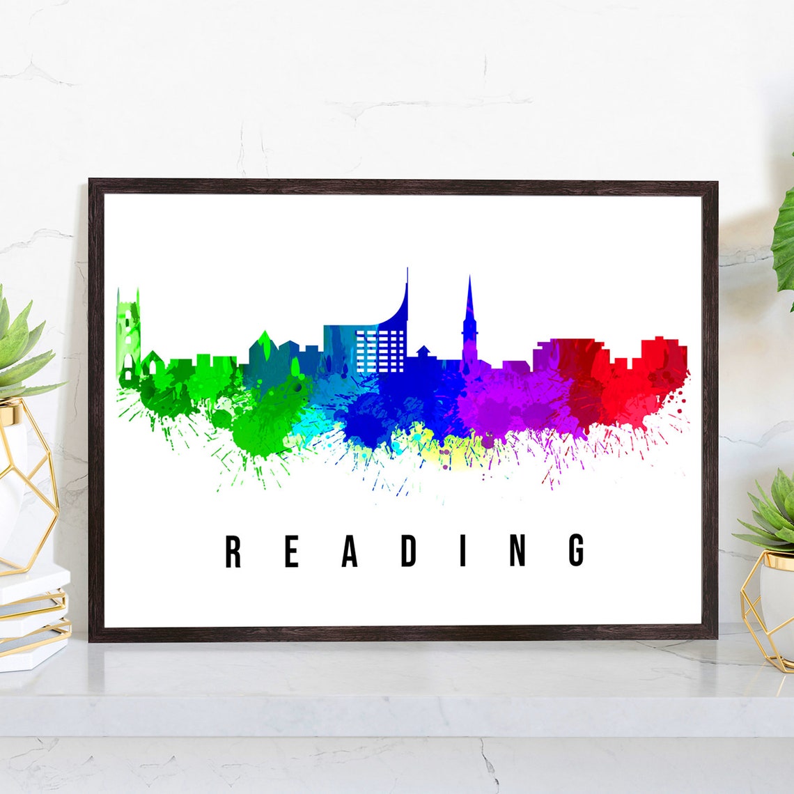 Reading England Watercolor Skyline City Silhouette Modern Poster