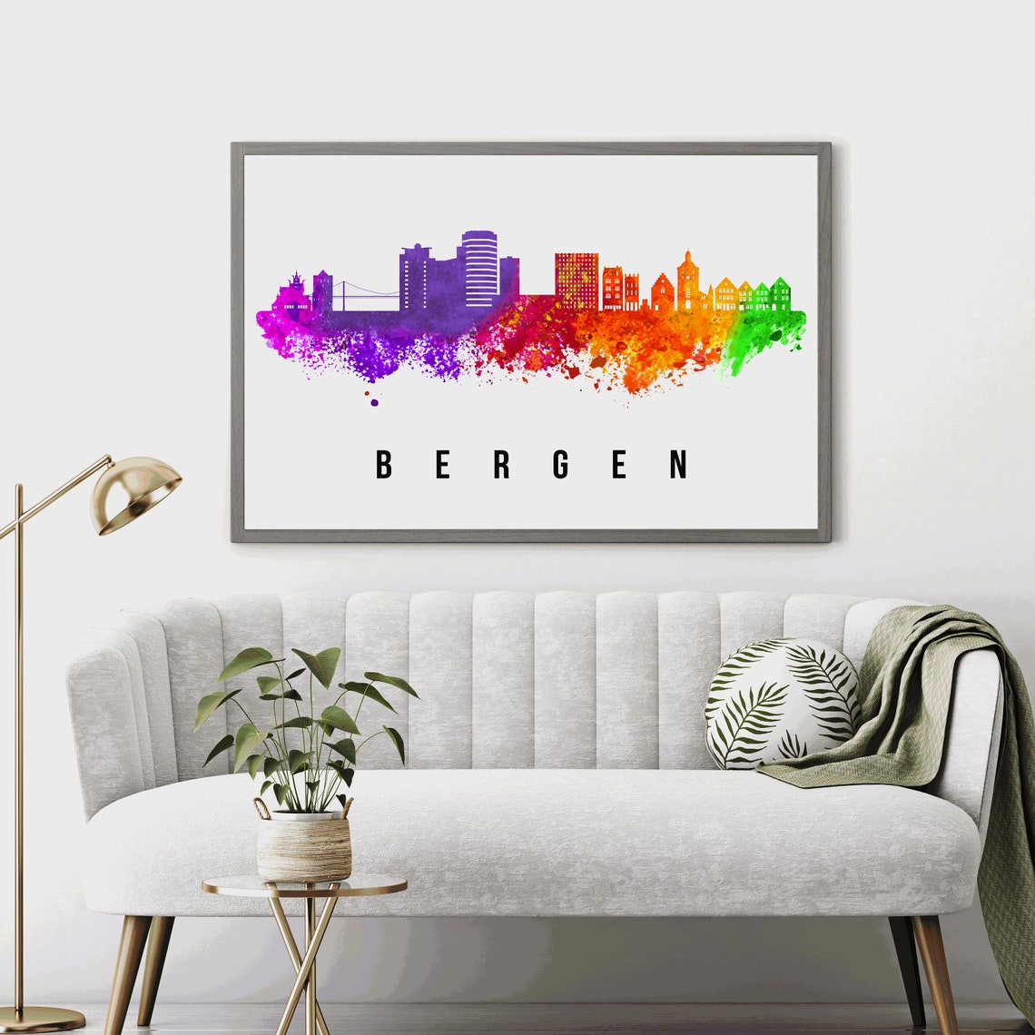 Bergen Norway Rainbow Watercolor Skyline Silhouette Harbor City Poster - Image 4