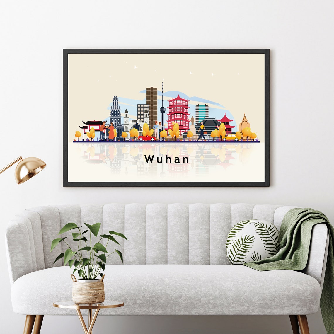Wuhan China Yellow Crane Tower Flat Vector Skyline Travel Poster Print - Image 3