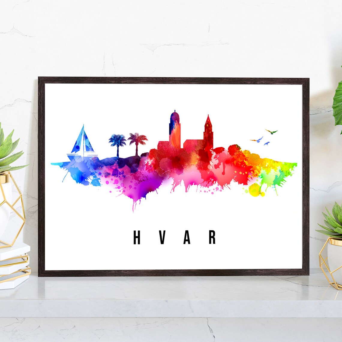 Hvar Croatia Island Church Towers Watercolor Skyline Travel Poster
