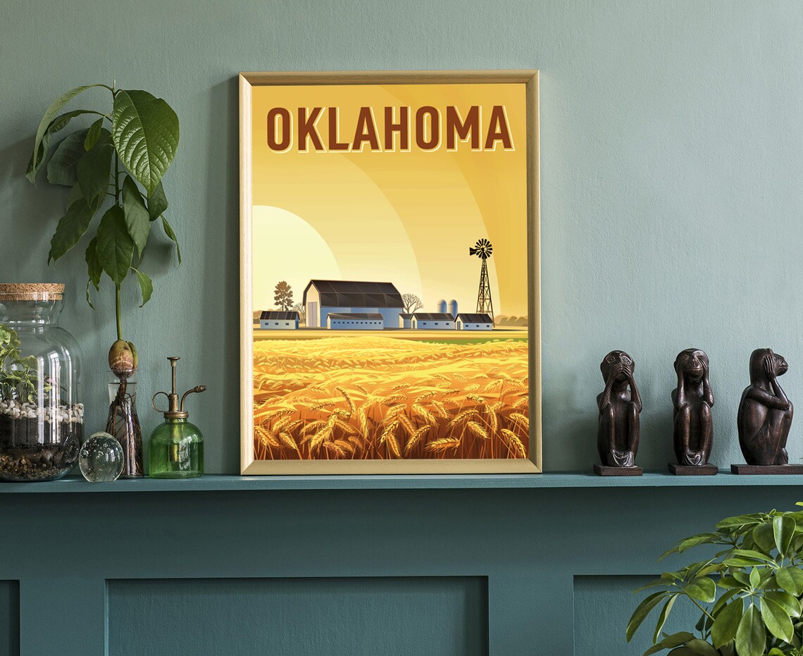 Oklahoma Golden Wheat Field Barn Windmill Vintage Travel Poster Print - Image 3