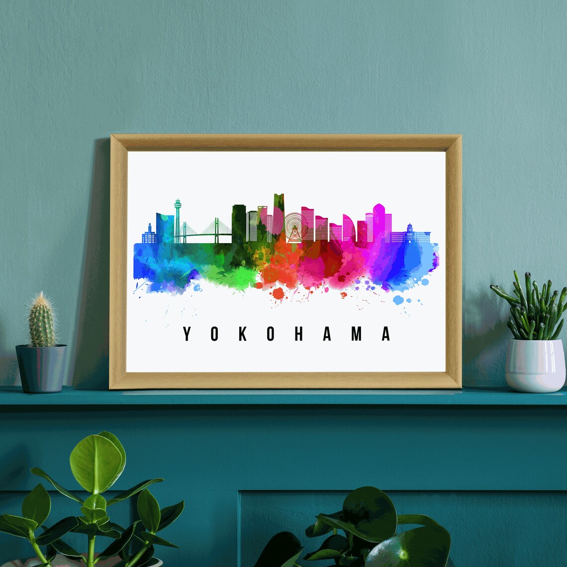Yokohama Japan Rainbow Watercolor Skyline Ferris Wheel Travel Poster - Image 3