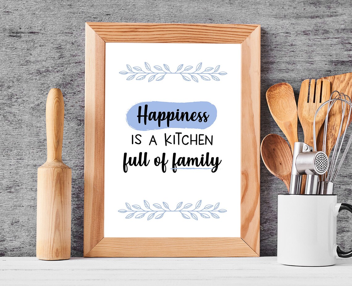 Happiness Is A Kitchen Full Of Family Blue Botanical Quote Poster - Image 3
