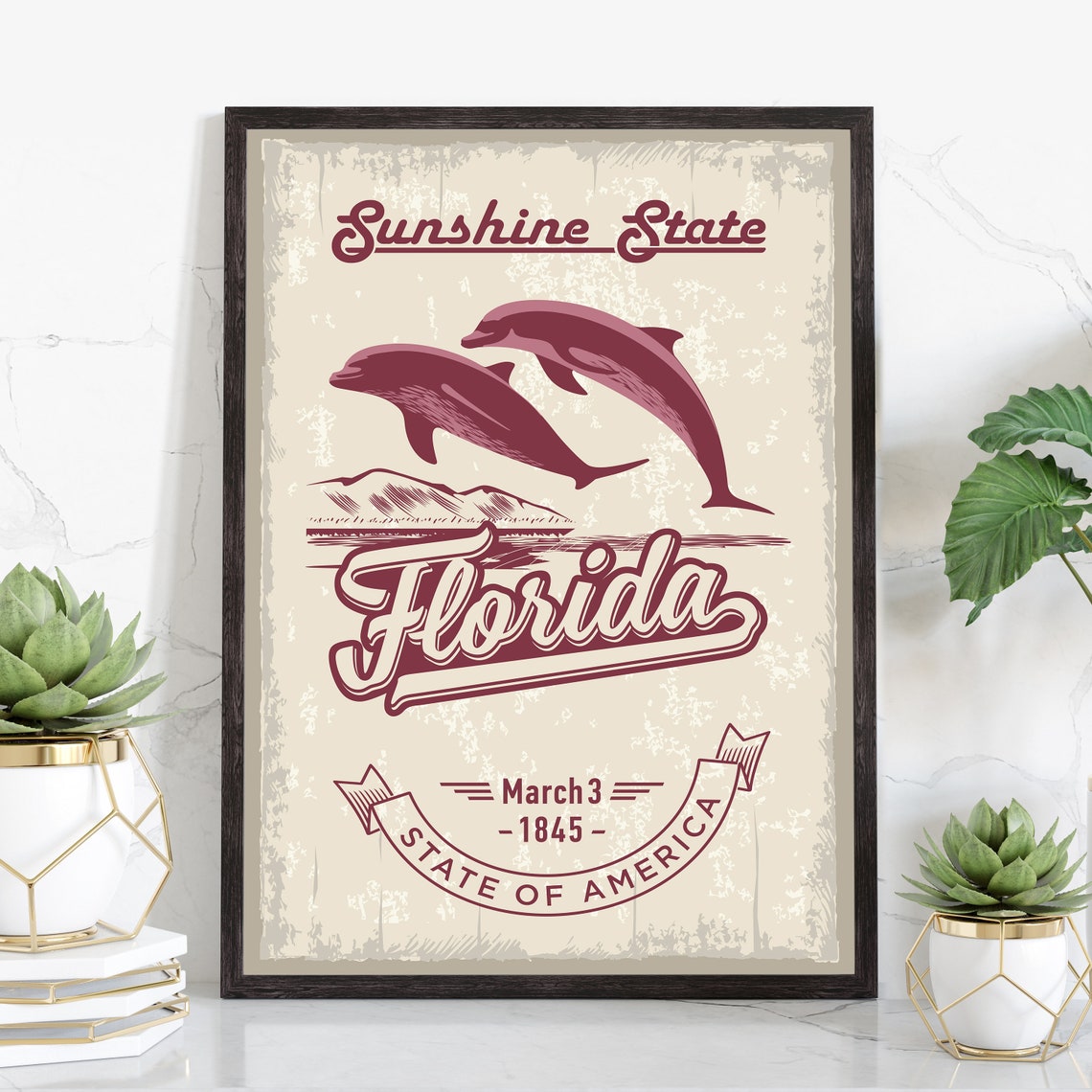 Florida Sunshine State Vintage Poster with Dolphins Ocean Sunset Art