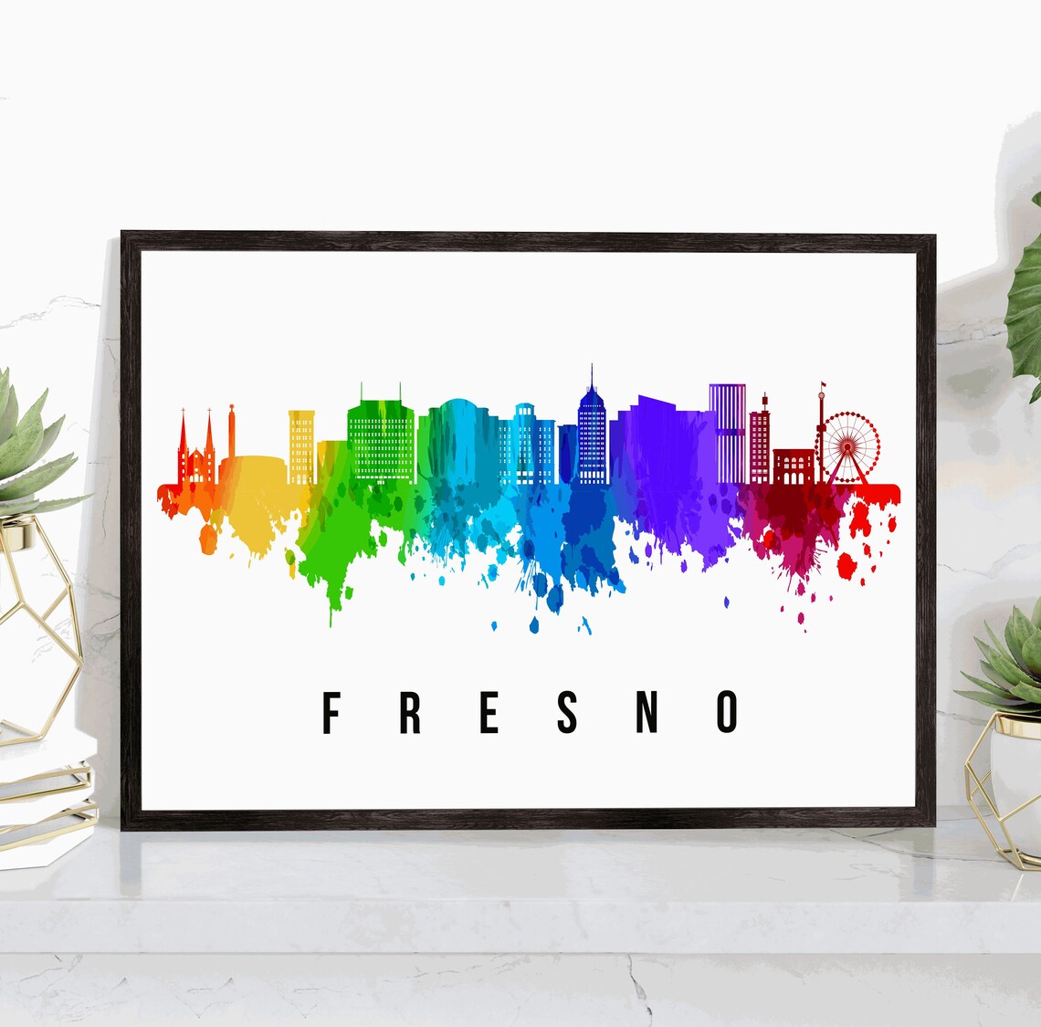 Fresno California Rainbow Watercolor Skyline Ferris Wheel Art Poster