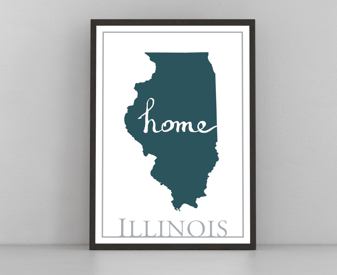Illinois State Map Home Script Teal Silhouette Wall Art Poster