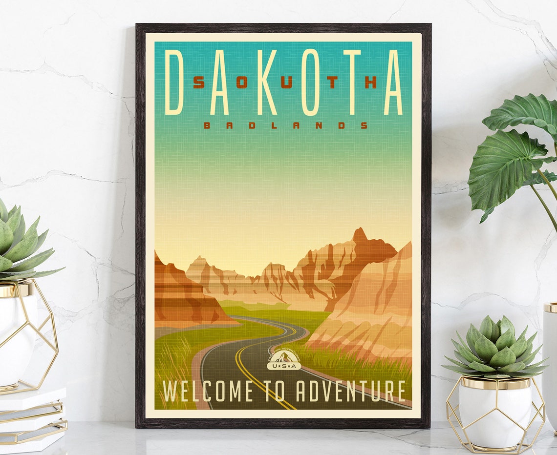 South Dakota Badlands Welcome to Adventure Retro Travel Poster