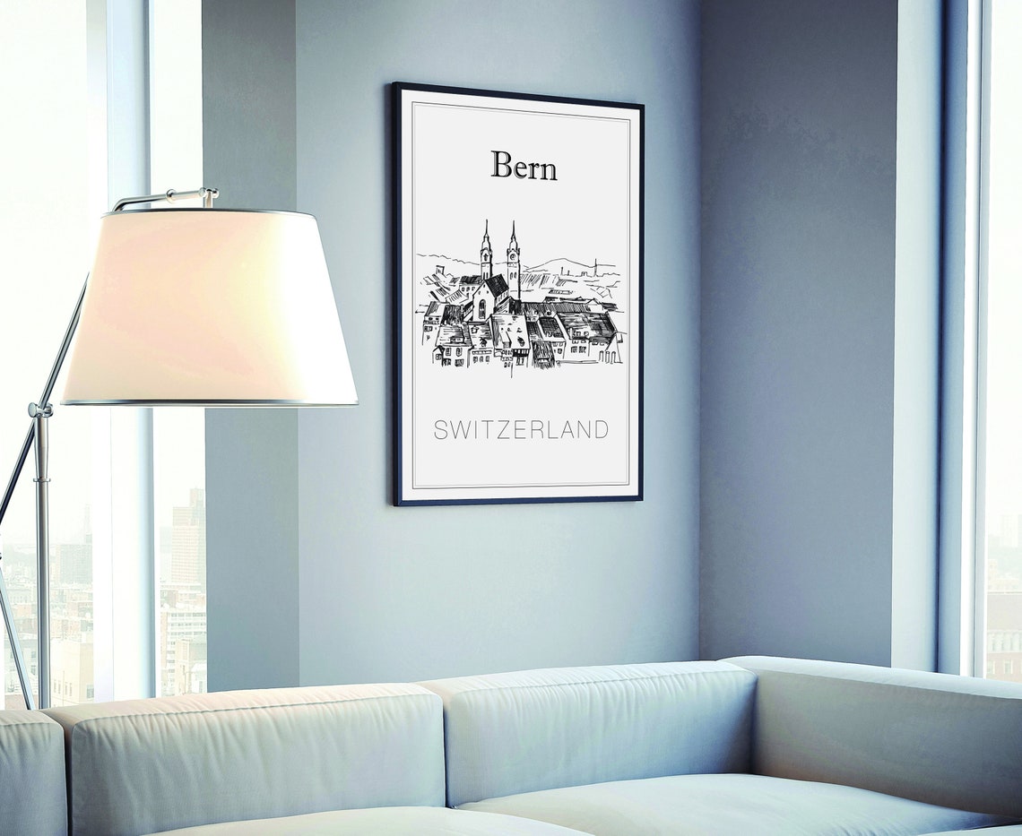 Bern Switzerland Historic Old Town Towers Church Rooftop Sketch Poster - Image 4
