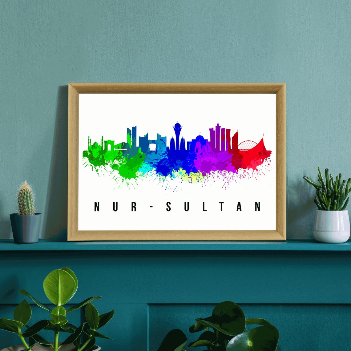 Nur Sultan Kazakhstan Rainbow Watercolor Skyline Travel Poster - Image 3