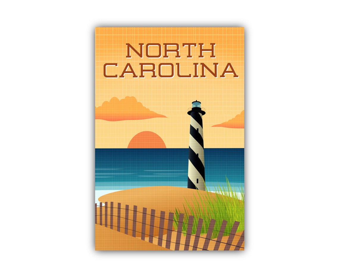 North Carolina Lighthouse Sunset Beach Dunes Retro Travel Poster - Image 2