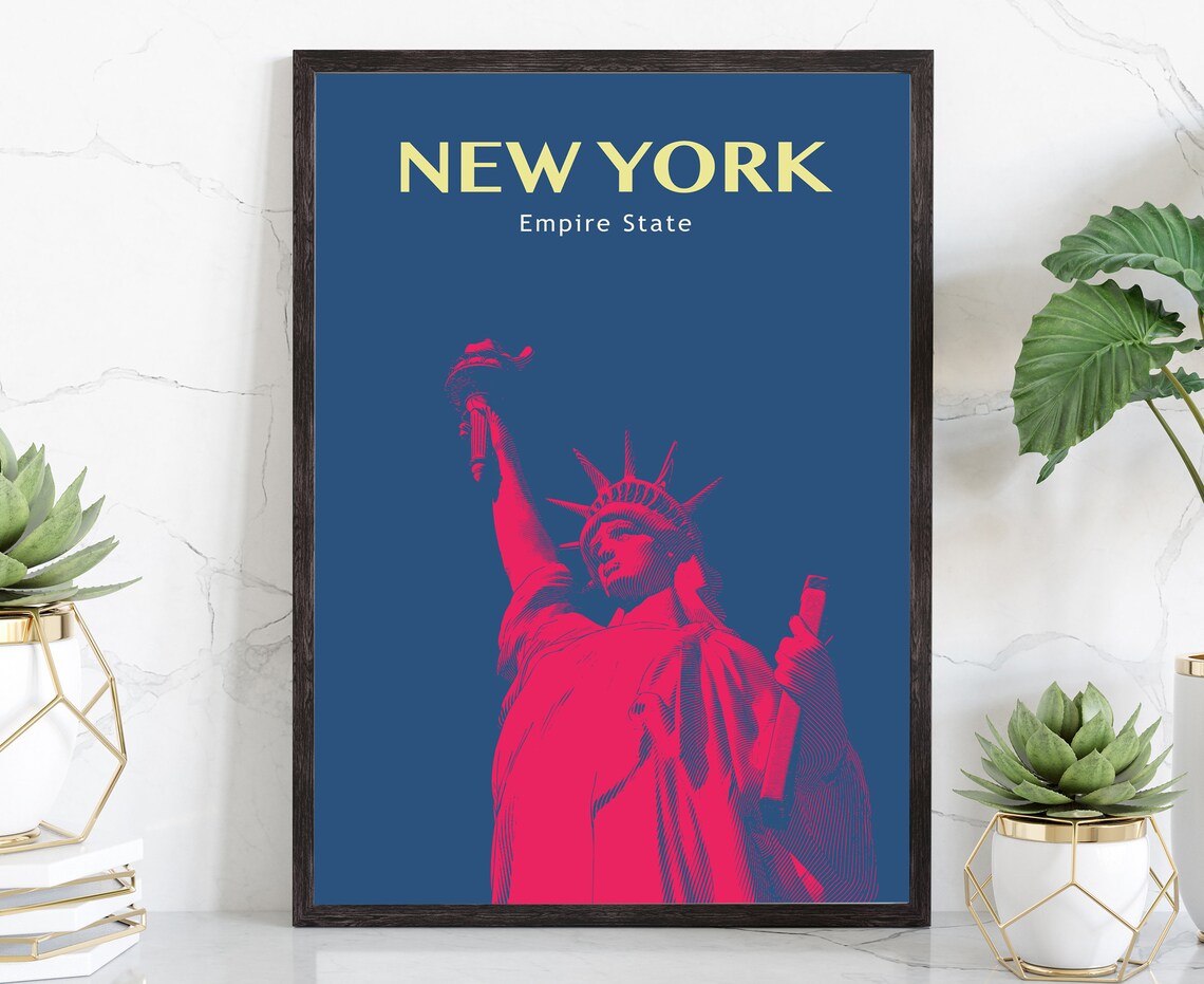 New York Empire State Statue Of Liberty Retro Red Navy Travel Poster