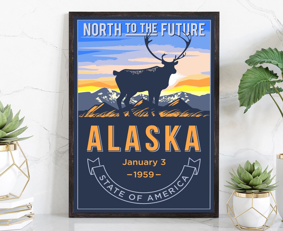 Alaska North to the Future Caribou Mountain Sunset Retro Poster