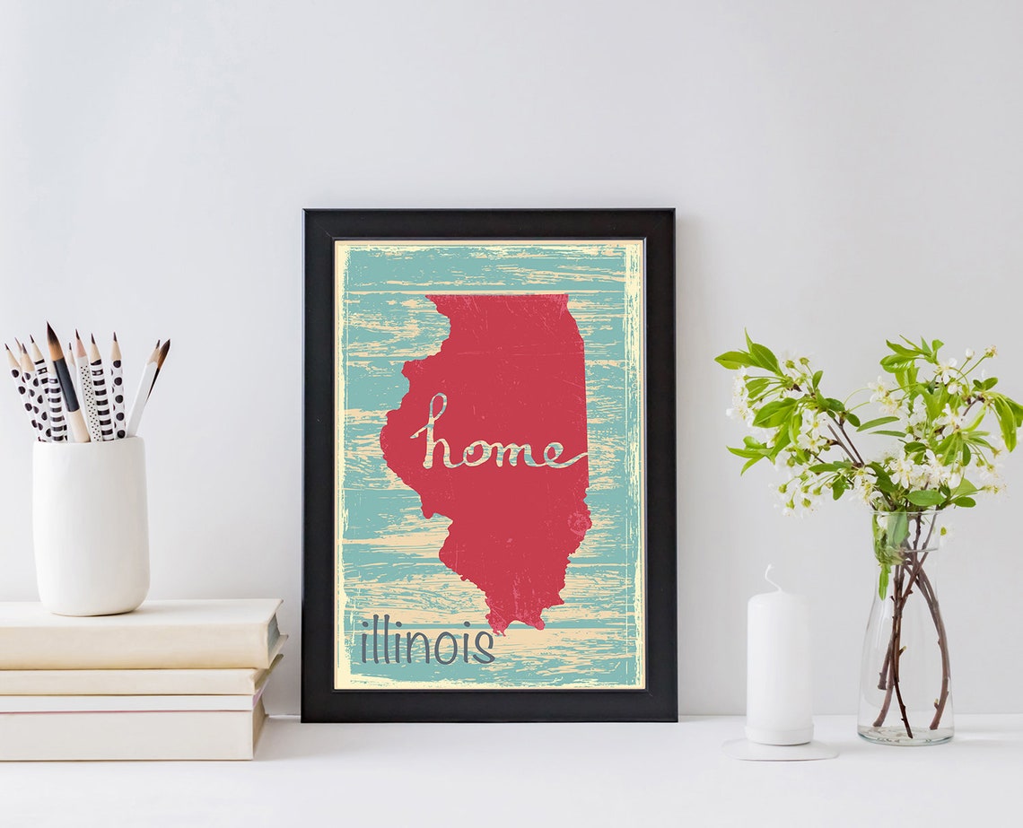 Illinois Home State Map Red Silhouette Retro Style Wall Poster - Image 2