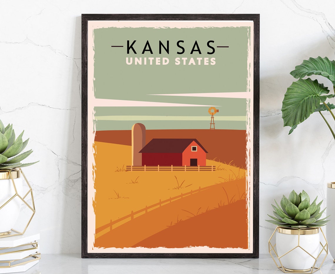 Kansas Golden Prairie Red Barn Windmill Vintage Travel Poster
