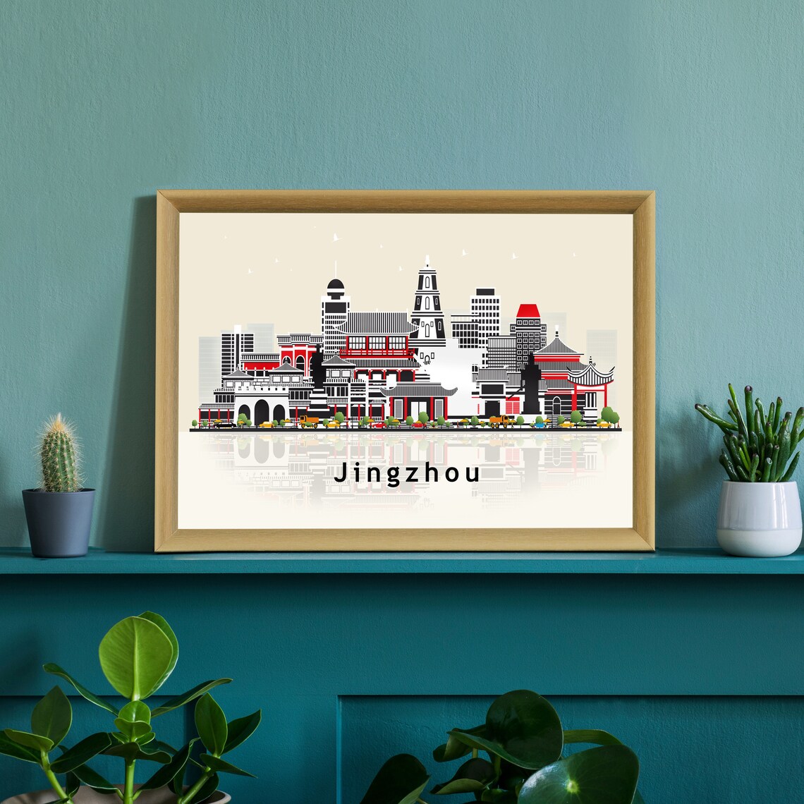 Jingzhou China Modern Skyline Illustration Landmarks Travel Poster - Image 2