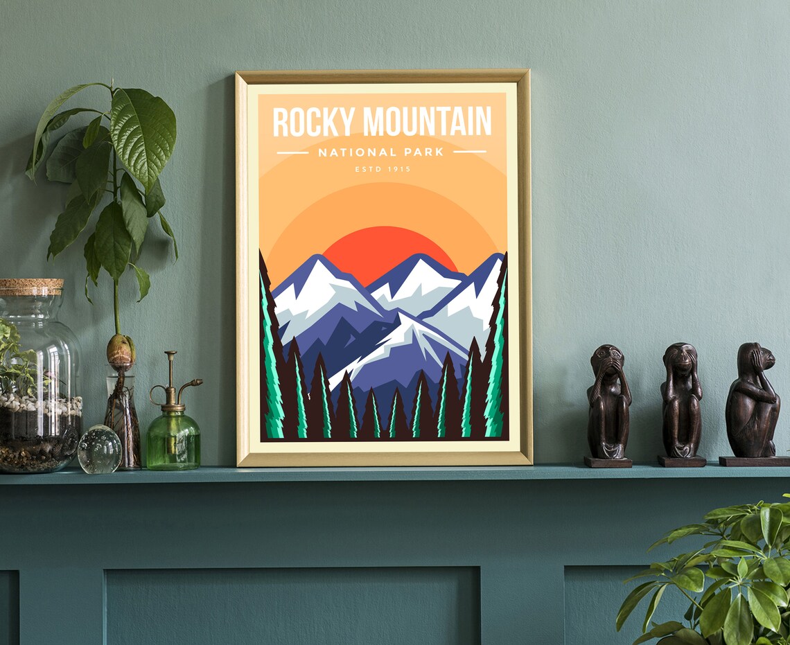 Rocky Mountain National Park Snow Peaks Sunset Retro Travel Poster - Image 2