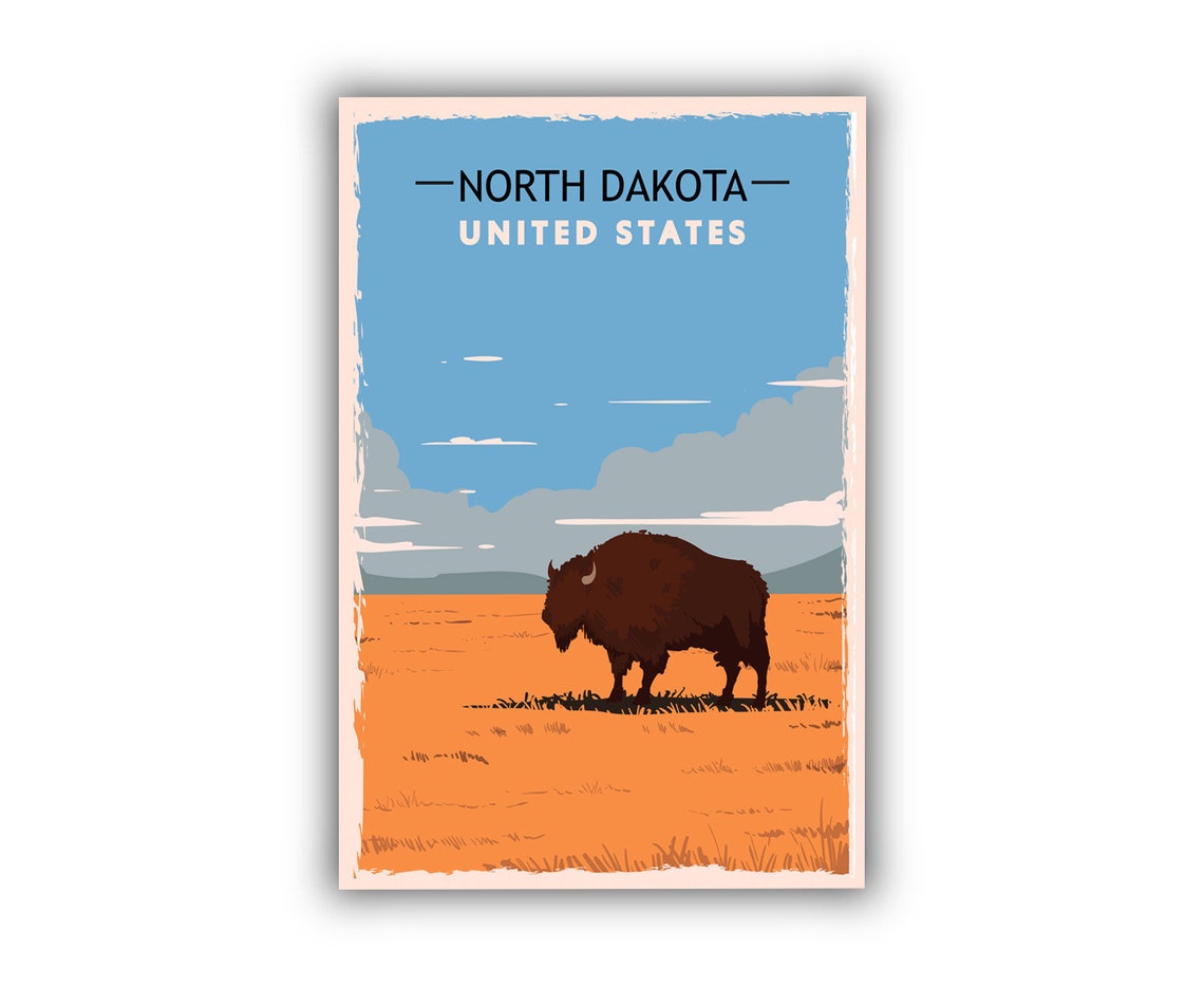 North Dakota Bison Prairie Sunset Vintage Retro Style Travel Poster - Image 2