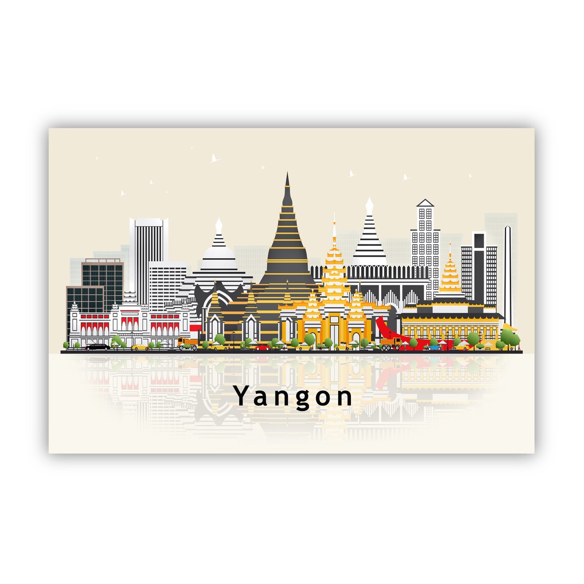 Yangon Myanmar Golden Pagoda Stupas Skyline Illustration Travel Poster - Image 2