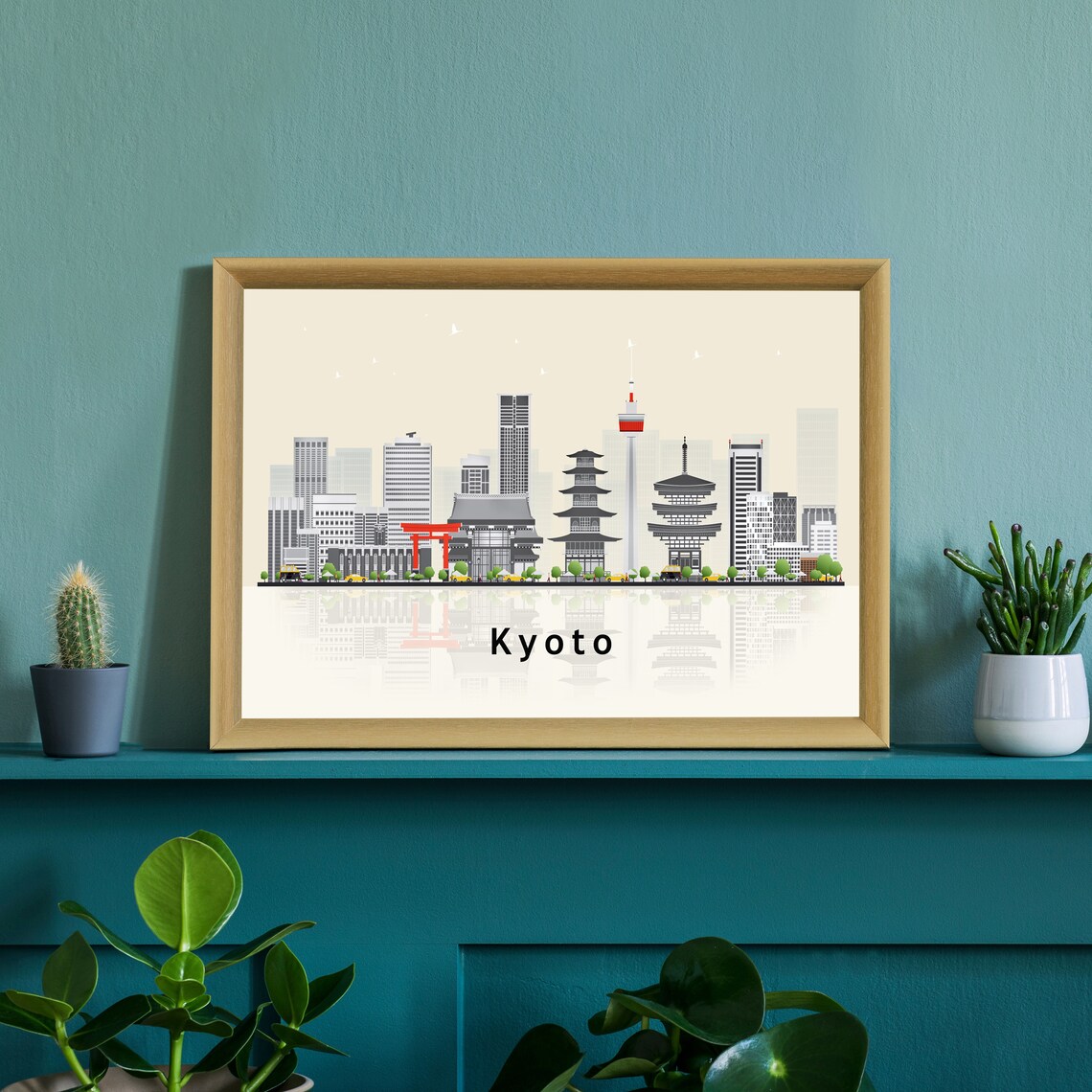 Kyoto Japan Torii Gate Pagoda Flat Vector Skyline Travel Poster Print - Image 3
