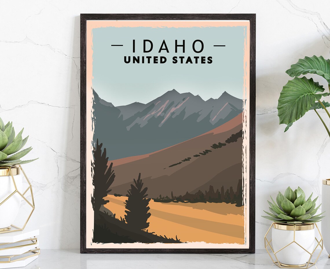 Idaho USA Retro Travel Poster Snowy Mountain Peaks Vintage Landscape
