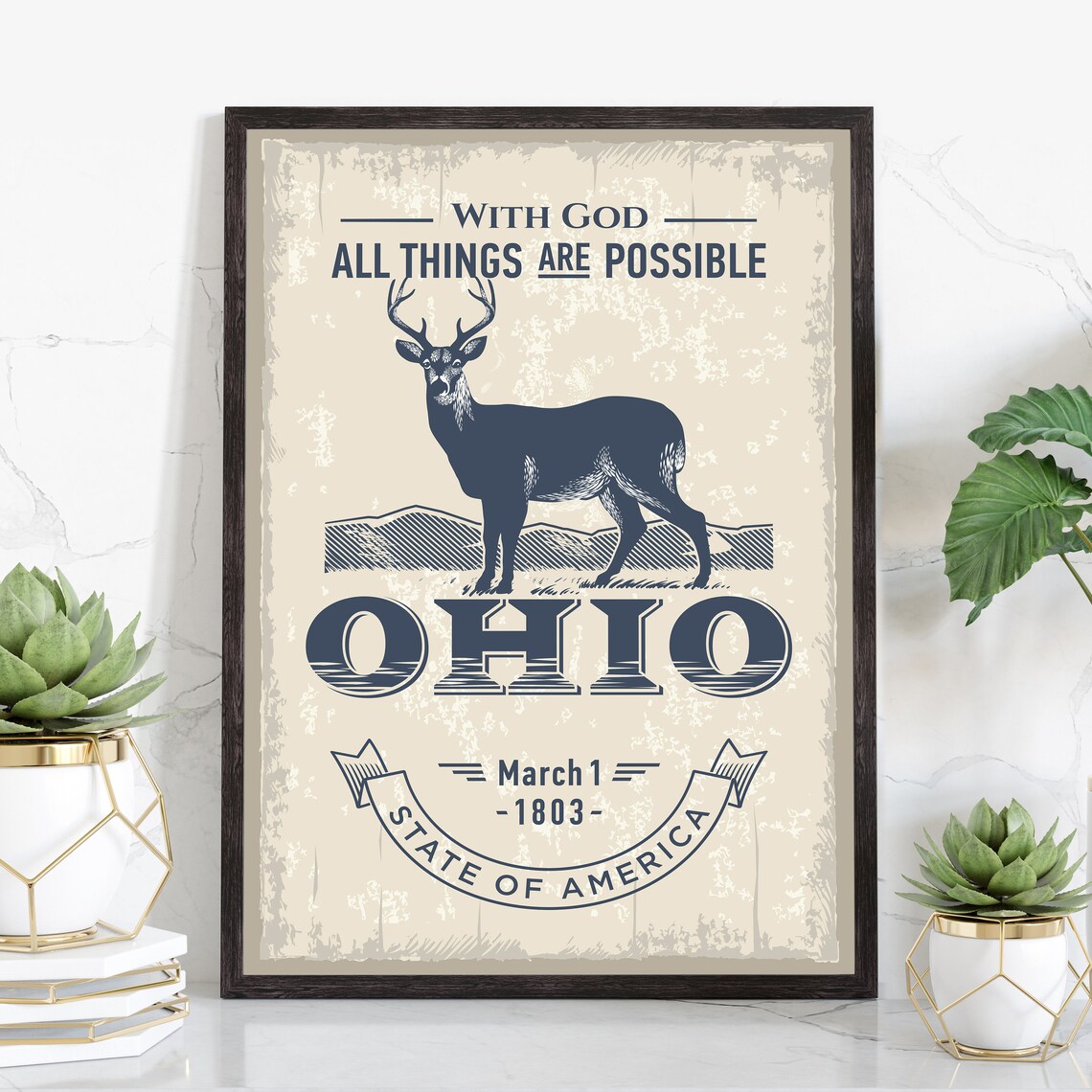 Ohio With God All Things Are Possible Deer Retro Vintage Travel Poster