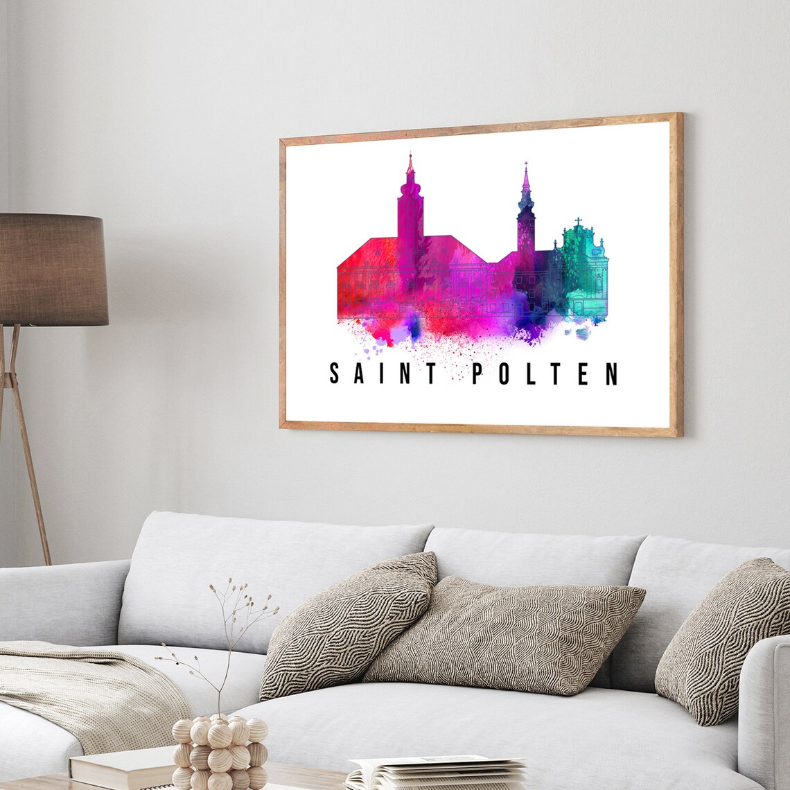 Saint Polten Austria Pink Teal Watercolor Skyline Church Towers Poster - Image 3