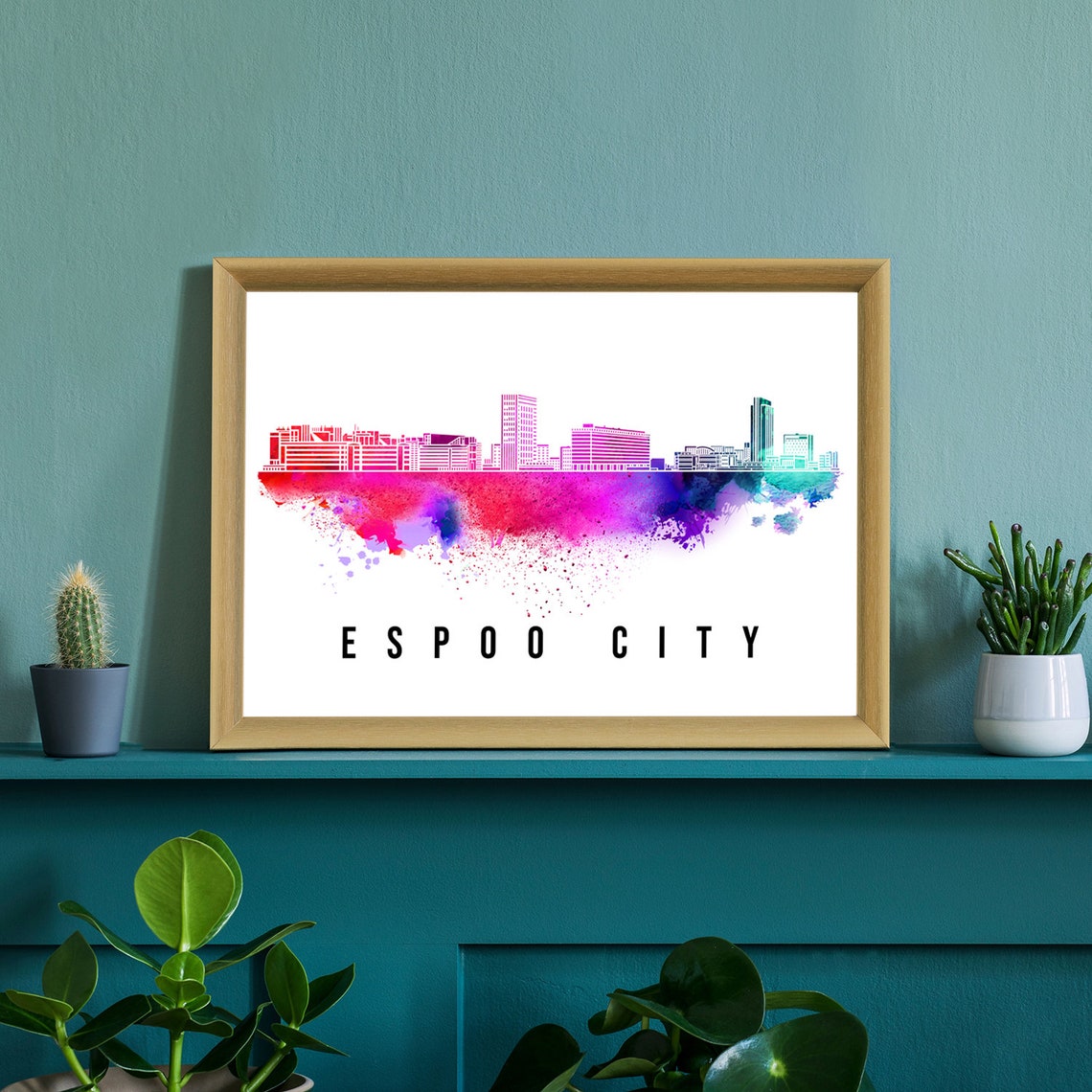 Espoo City Finland Skyline Watercolor Splash Modern Wall Poster - Image 3