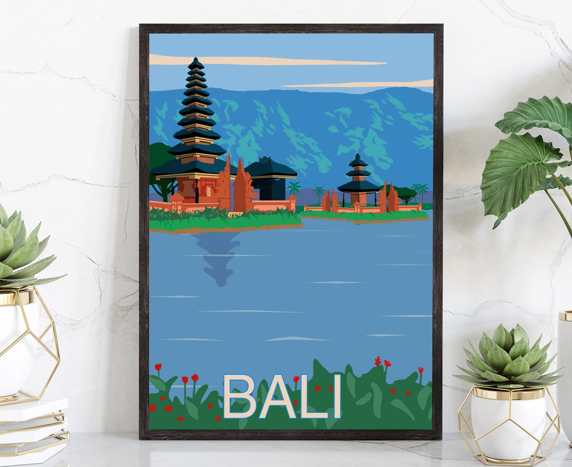 Bali Indonesia Temple Lake Retro Vintage Tropical Travel Poster