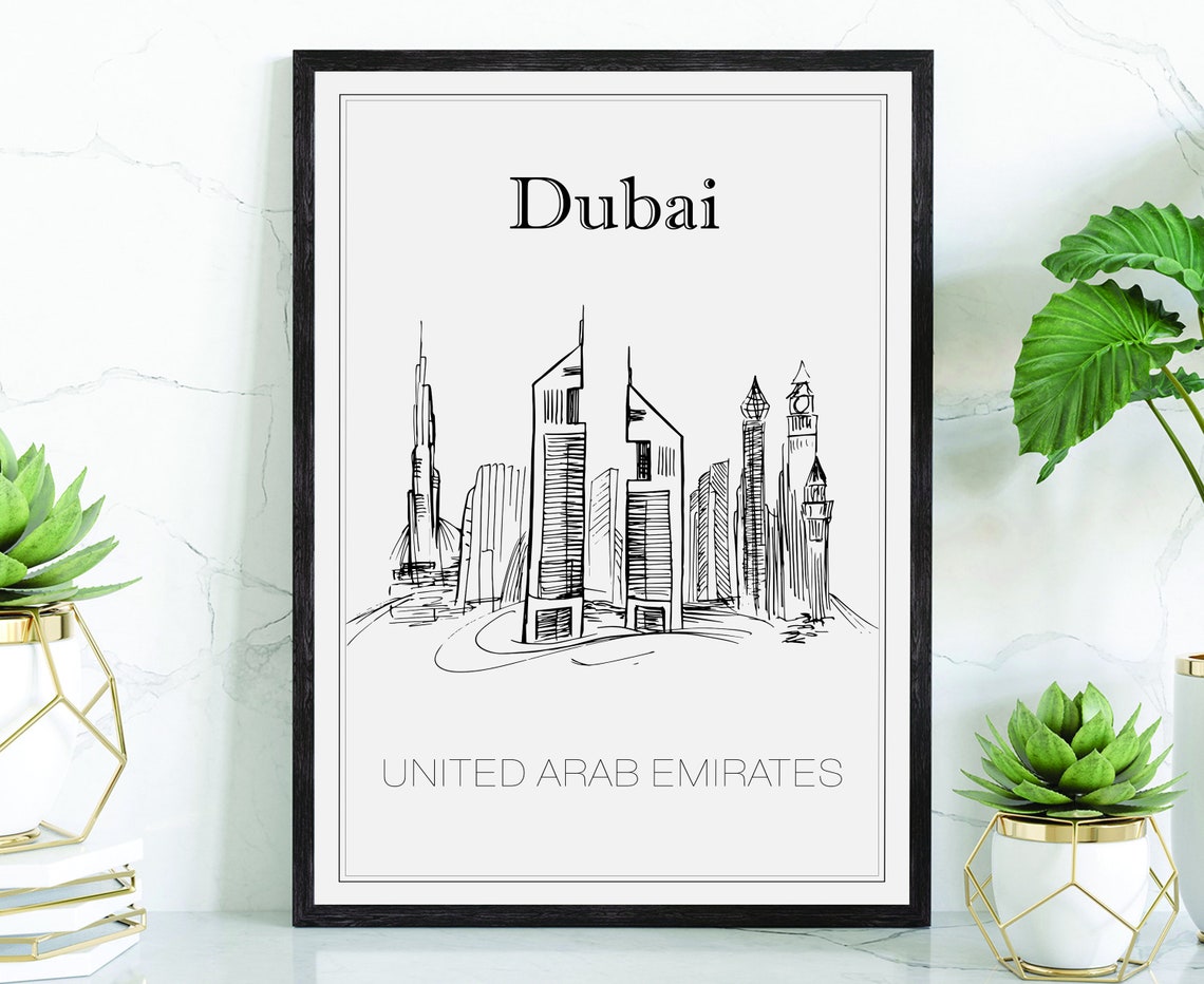 Dubai United Arab Emirates Hand Drawn Skyline Sketch Art Poster