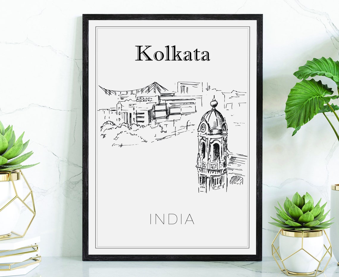 Kolkata India Howrah Bridge Hand Drawn Line Art City View Poster