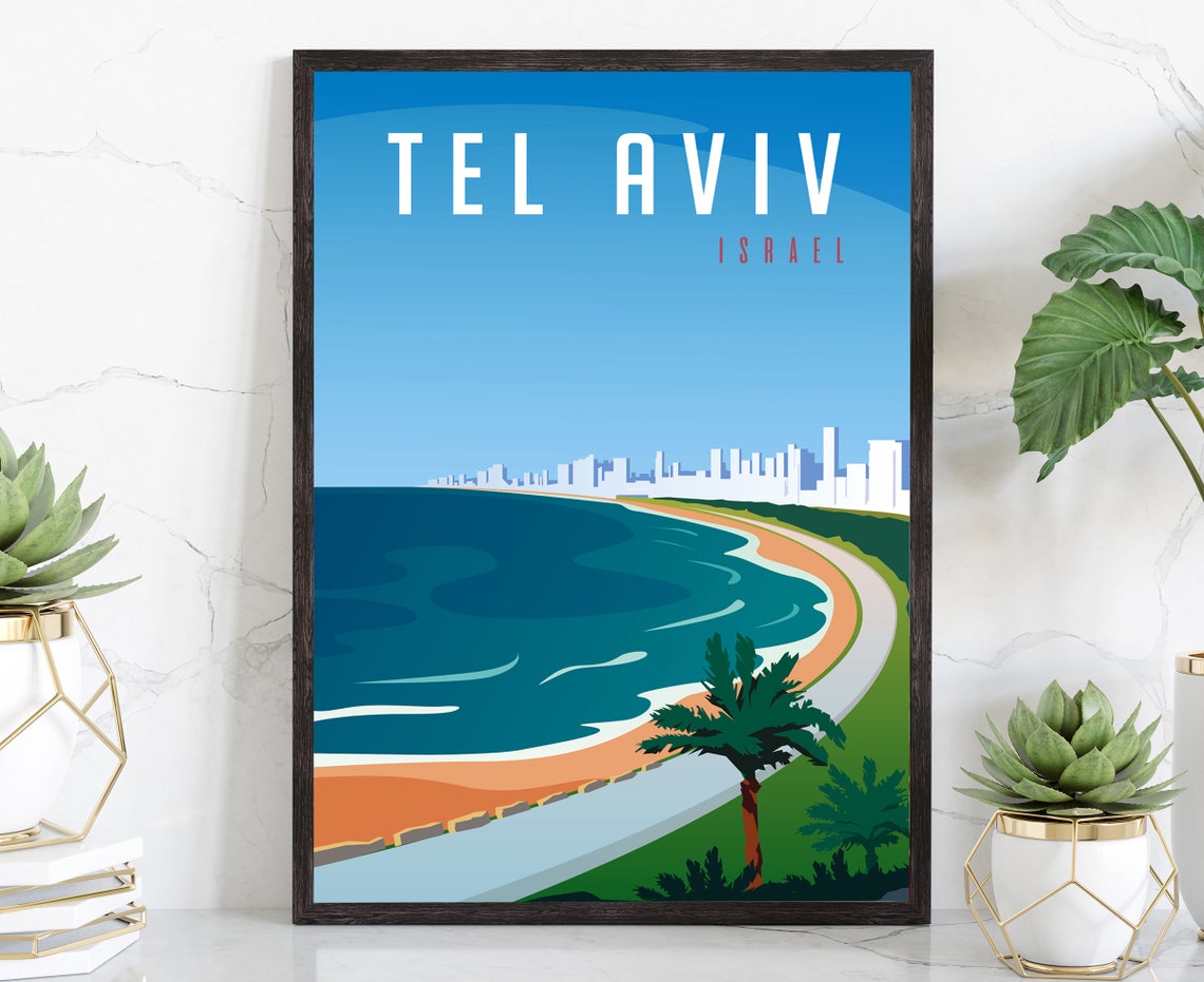 Tel Aviv Israel Mediterranean Beach Coastline Retro Travel Poster