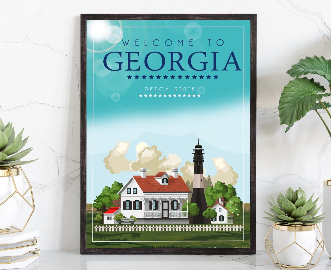 Georgia Peach State Lighthouse Retro Welcome Travel Poster Home Decor