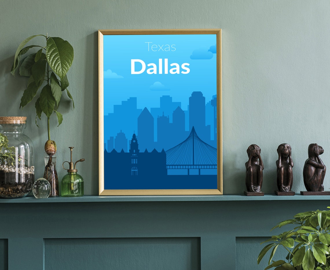 Dallas Texas Bright Blue Daytime Skyline Bridge Gradient City Poster - Image 3