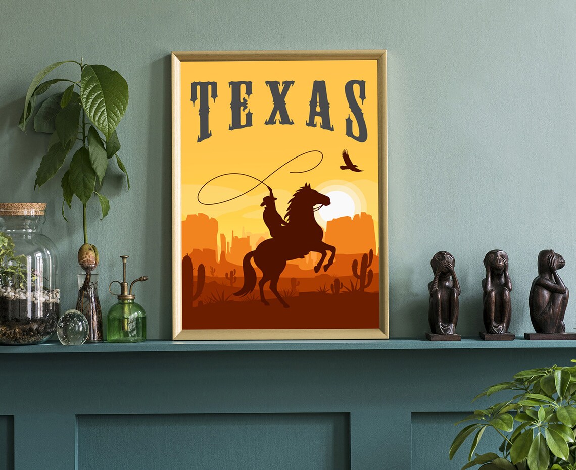 Texas Cowboy Sunset Retro Vintage Western Desert Travel Wall Poster - Image 3