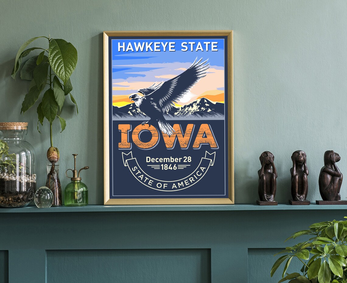 Iowa Hawkeye State Vintage Emblem Eagle Sunset Retro Poster Print - Image 3