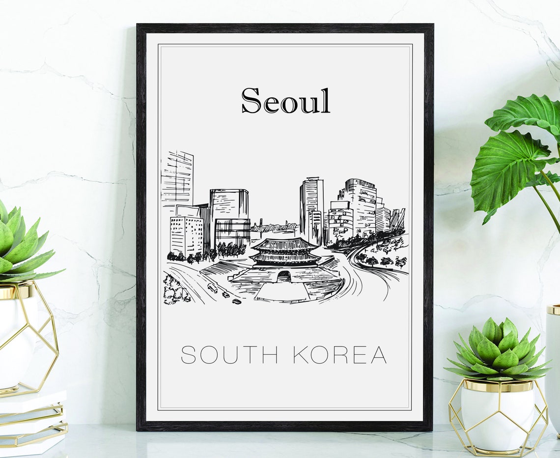 Seoul South Korea Hand Drawn Namdaemun Gate City Skyline Travel Poster