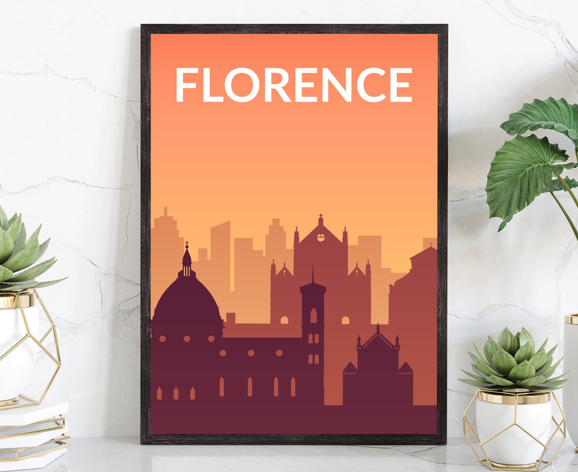 Florence Italy Sunset Skyline Duomo Silhouette Modern Travel Poster