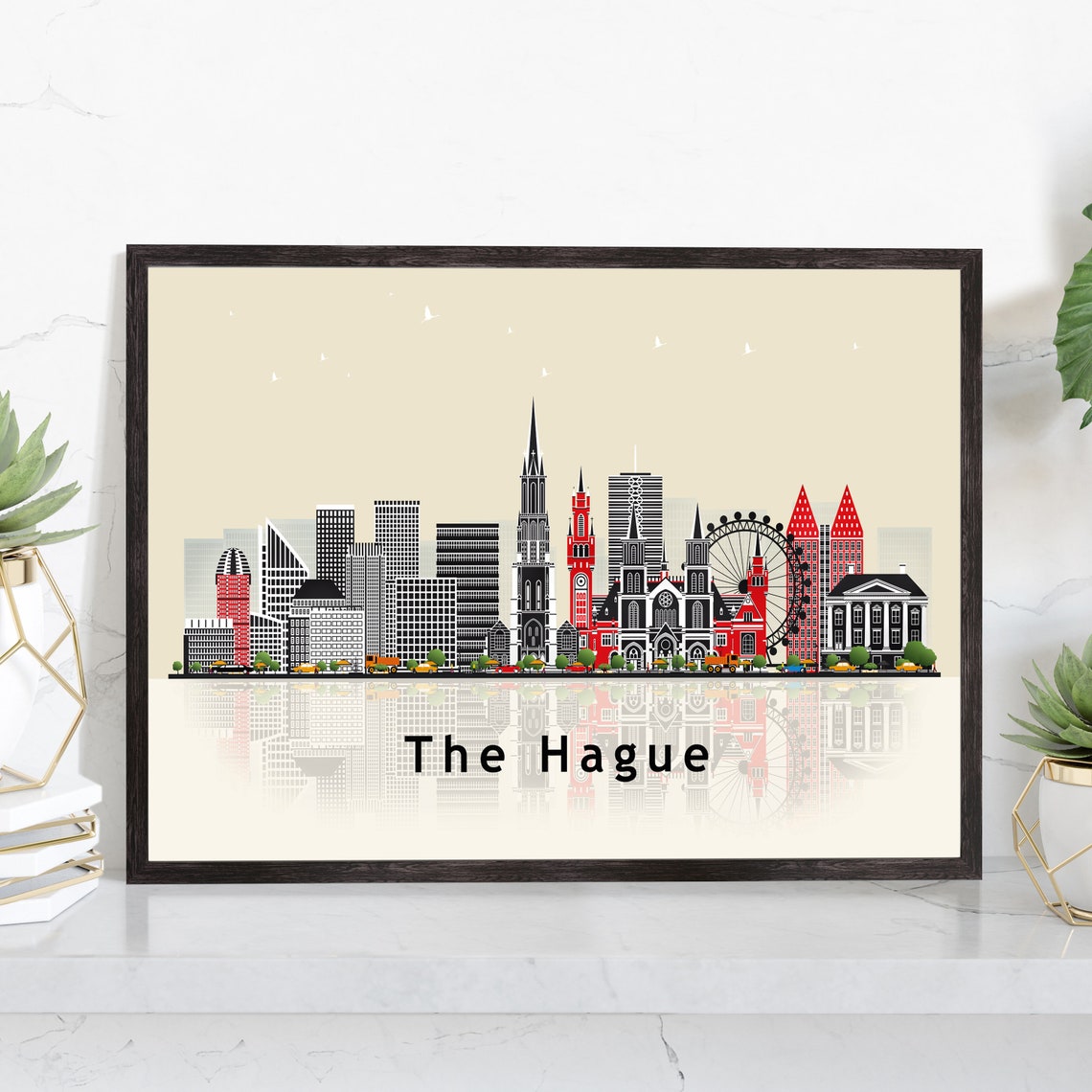 The Hague Netherlands City Skyline Illustration With Reflection Poster