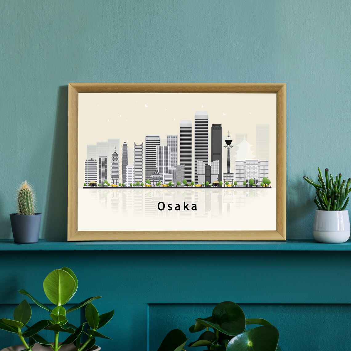 Osaka Japan Tsutenkaku Tower Pagoda Flat Skyline Travel Poster - Image 2