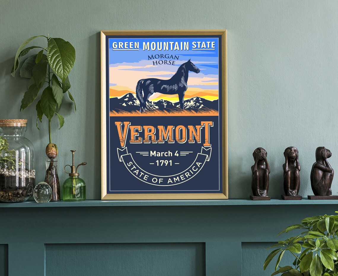 Vermont Green Mountain State Morgan Horse Sunset Vintage Retro Poster - Image 3