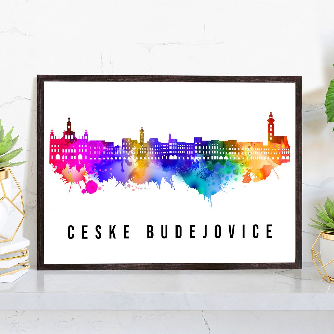 Ceske Budejovice Czechia Rainbow Watercolor Skyline Travel Poster