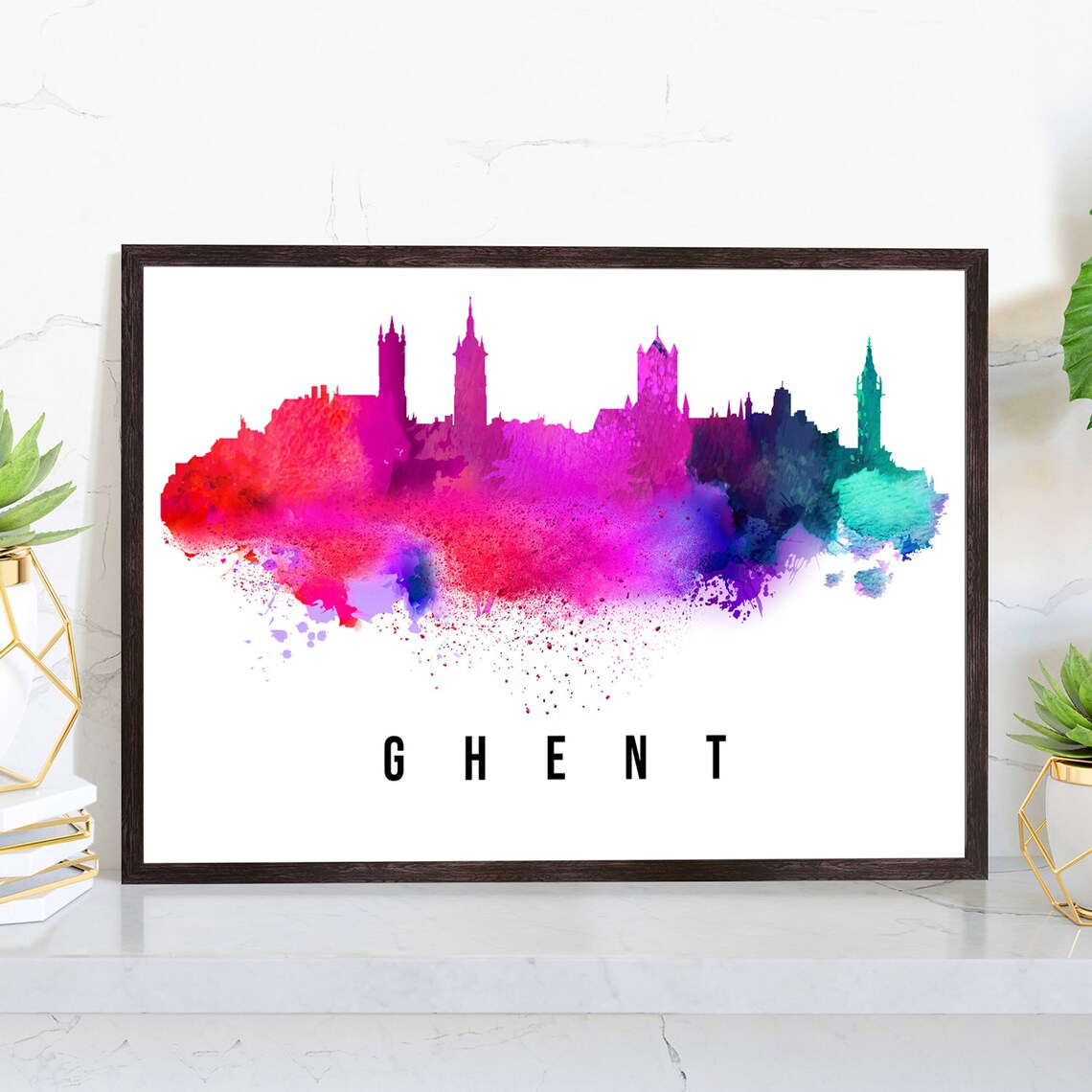 Ghent Belgium Magenta Pink Watercolor Skyline Silhouette Poster